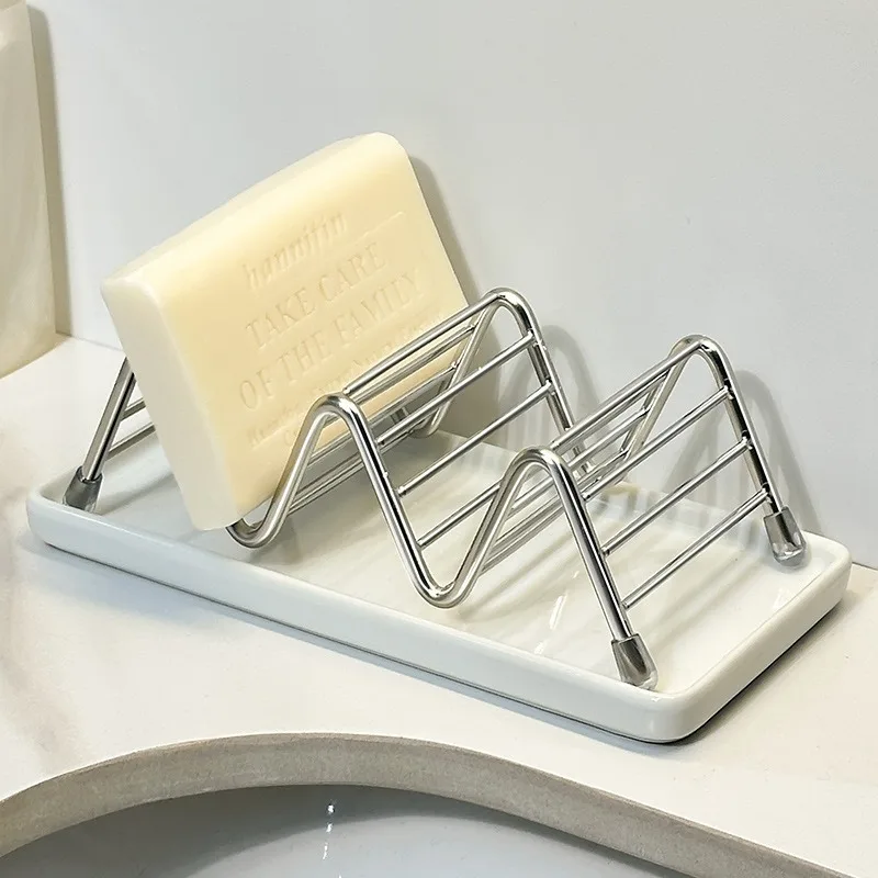 

5pcs Stainless Steel Ceramic Soap Dish Creative W Shaped Drain Soap Holder For Bathroom Home Soap Storage Rack