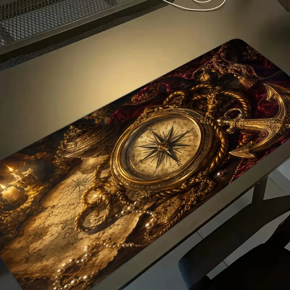 Vintage Brass Compass XL Gaming Mouse Pad Stitched Edge Non-Slip Rubber Base Large Desk Mat For PC Laptop Gamer Mouse Pads