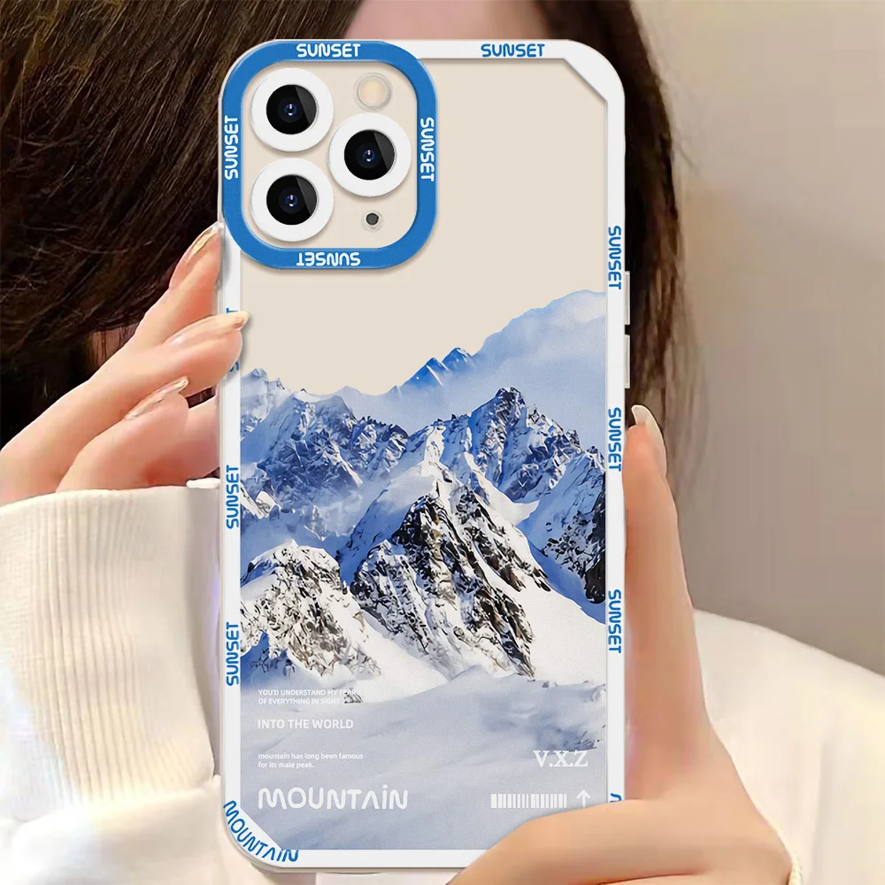 Sunset Clouds Snow Mountain Clear Phone Case For iPhone 14 15 Pro Max 13 11 12 X XR XSMax 7 8 Plus SE 2020 2022 Soft Back Cover 