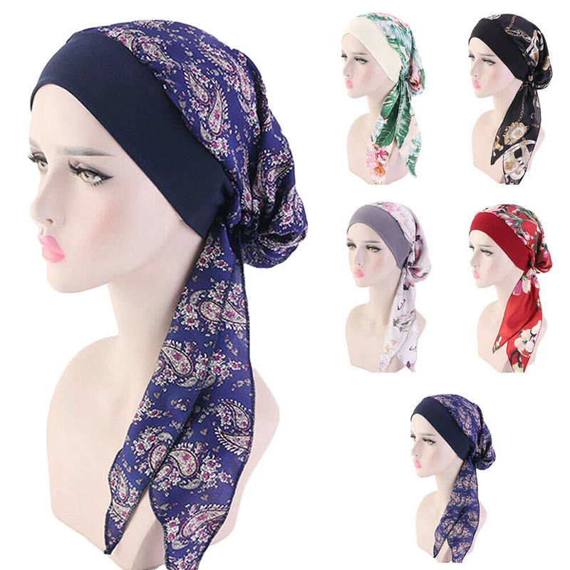 New Women Cancer Head Scarf Chemo Hair Loss Hat Turban Pre-Tied Headwear Bandana