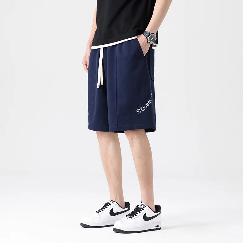 Men's Summer Elastic High Waist Letter Embroidered Bandage Pockets Solid Color Casual Loose Straight Knee Pants Fashion Shorts