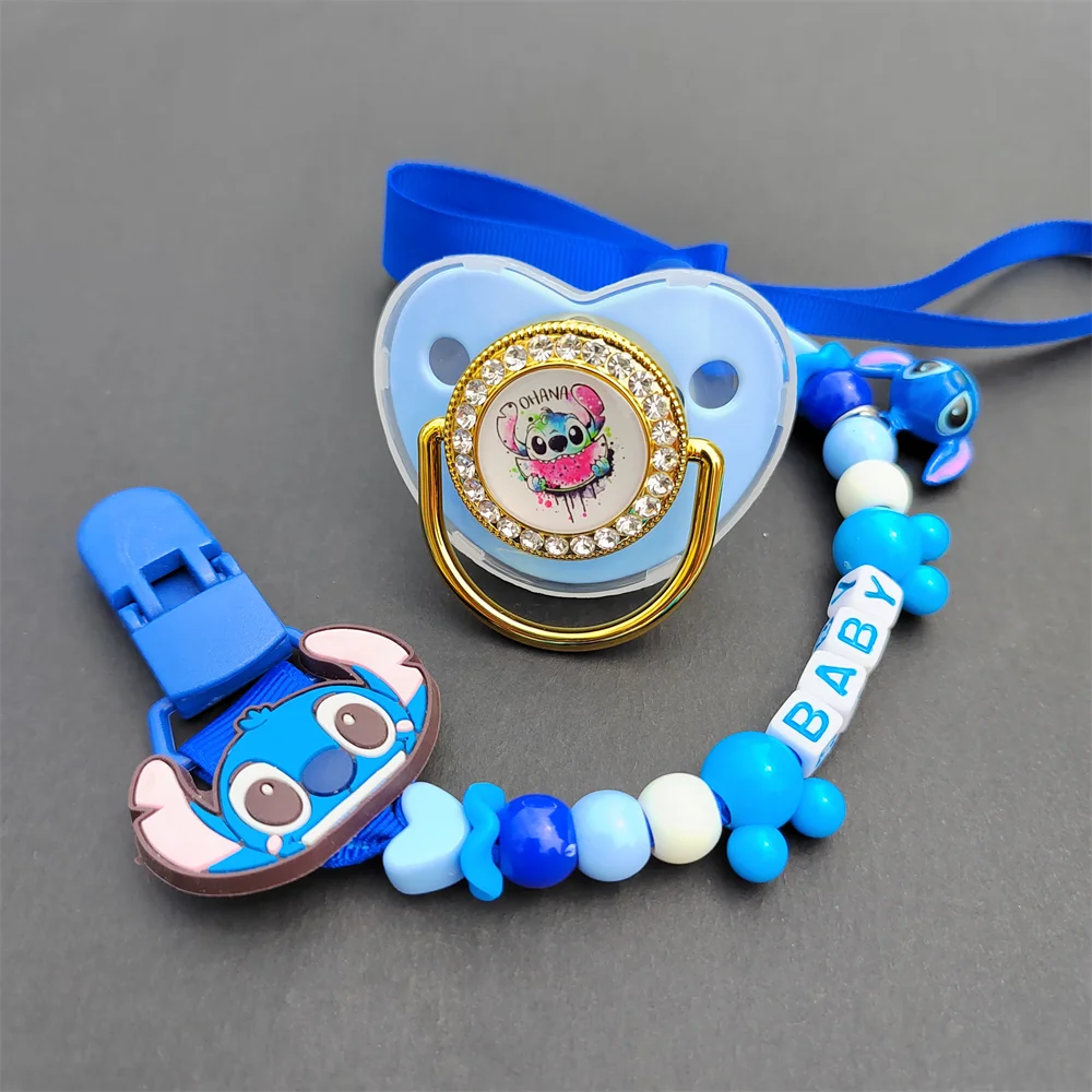 [1 Set ] Stitch Donald Duck Baby Pacifier Chain with Nipples Baby Boy Blue Rhinestone Bling Dummy Holder chupones para bebe Baby