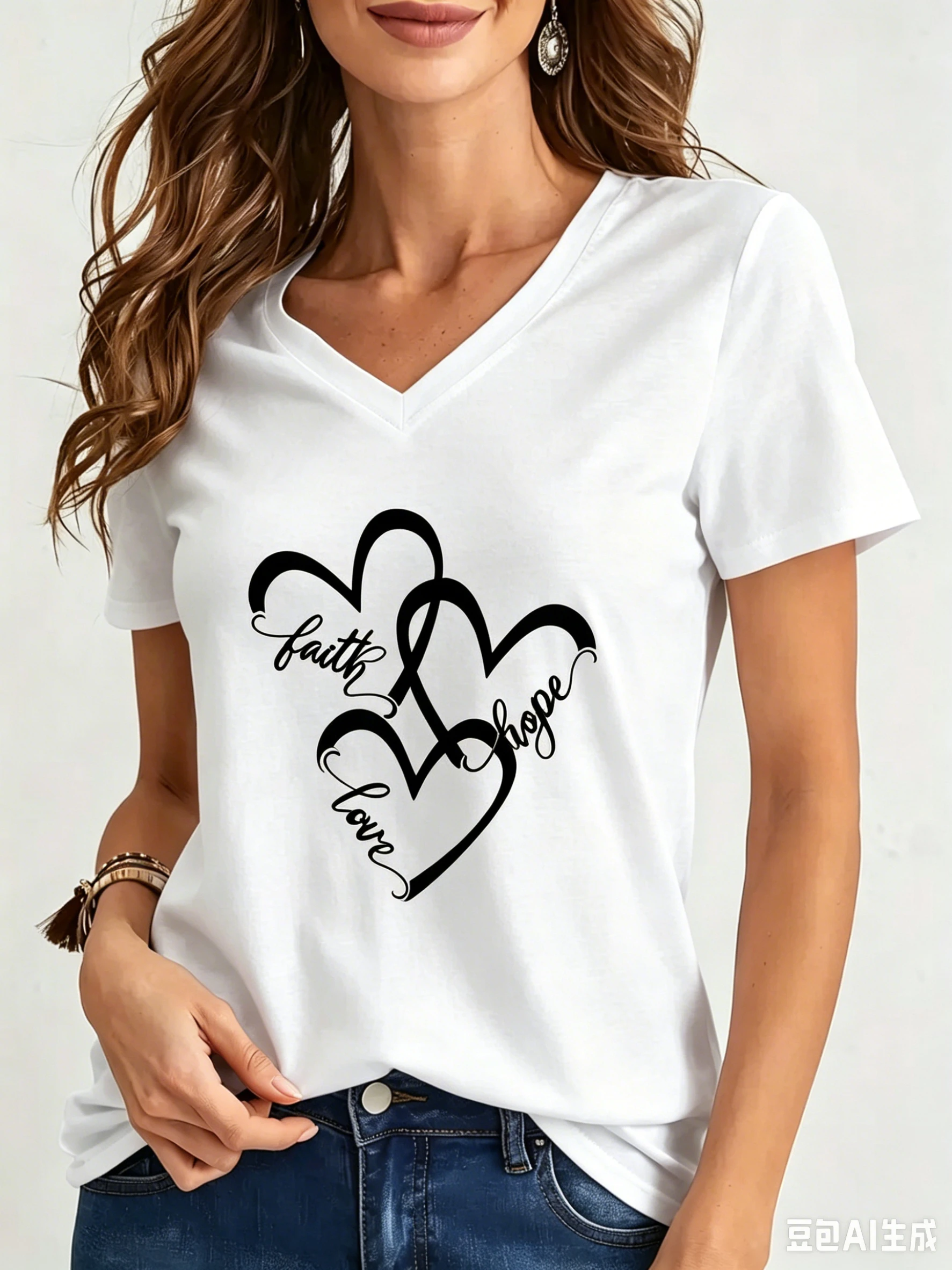 Funny Love 3D Print Women's T-Shirts Fashion V-neck Short Sleeve Tops Daily Casual Girl T shirt Summer Loose Tee Ladies Clothing view 4