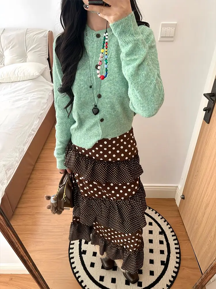 

Puff Skirt Spliced ​​cake Skirt High Waist Heavy Industry Brown Polka Dot Skirt Women's Spring and Autumn