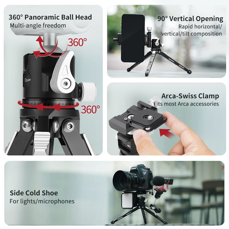 XILETU Mini Tripod with Arca Swiss Ball Head & Cold Shoe, Metal Handheld Selfie Stick for Phone Camera, 3KG Load for Live Vlog