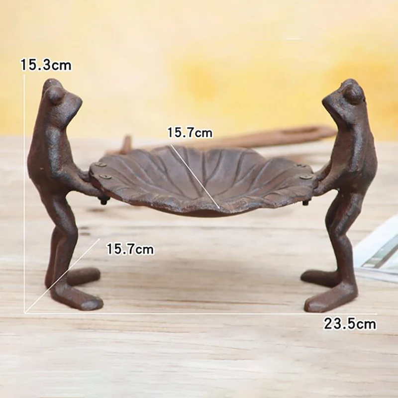 Rustic Cast Iron Standing Frogs Leaves Plate For Bird Feeder Keys Gardening Tools Storage In Garden Decoration Or Candle Holder