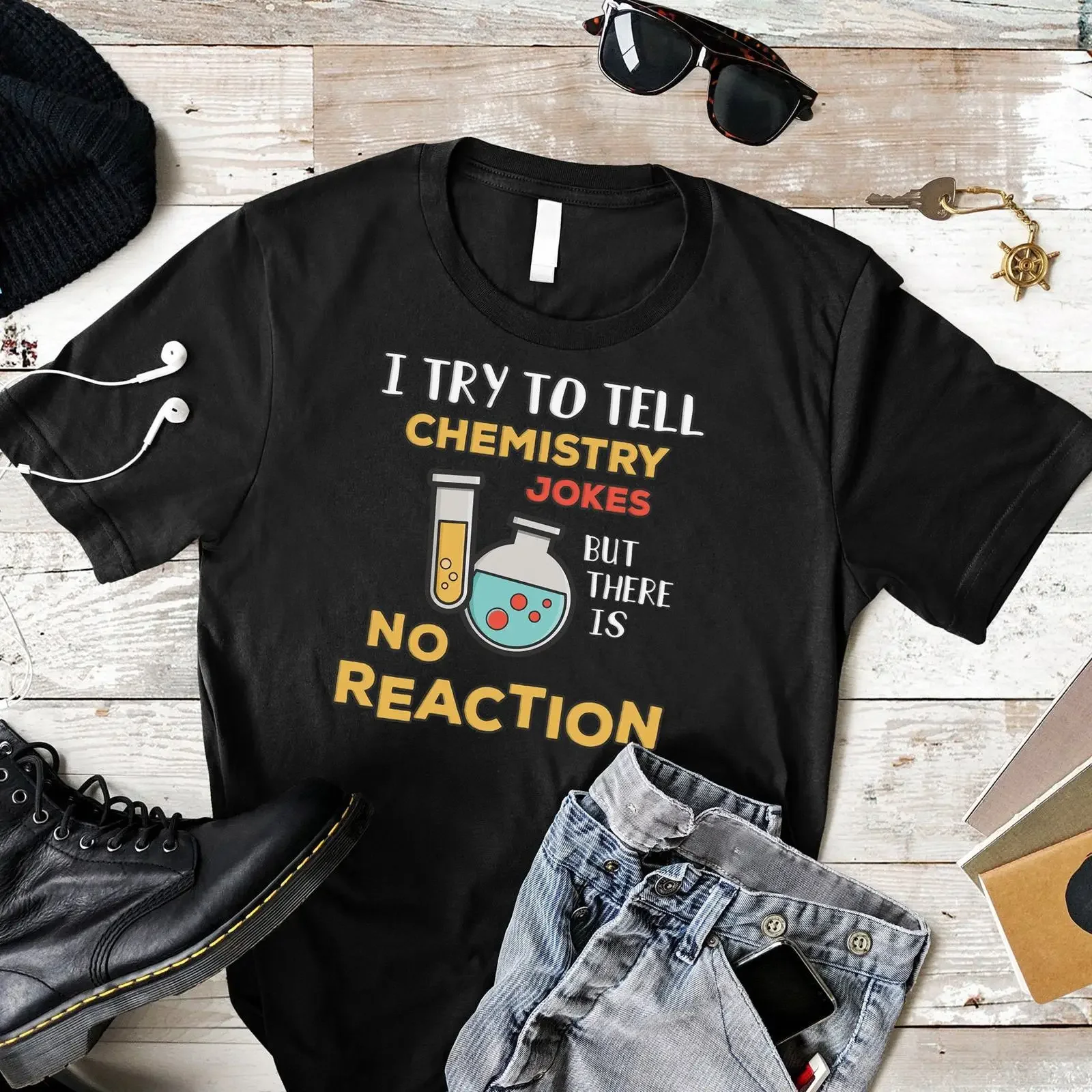 T-shirt « I Try to Tell Chemistry Jokes No Reaction » – Vêtement décontracté vintage pour professeur de sciences, légèrement délavé, style créateur