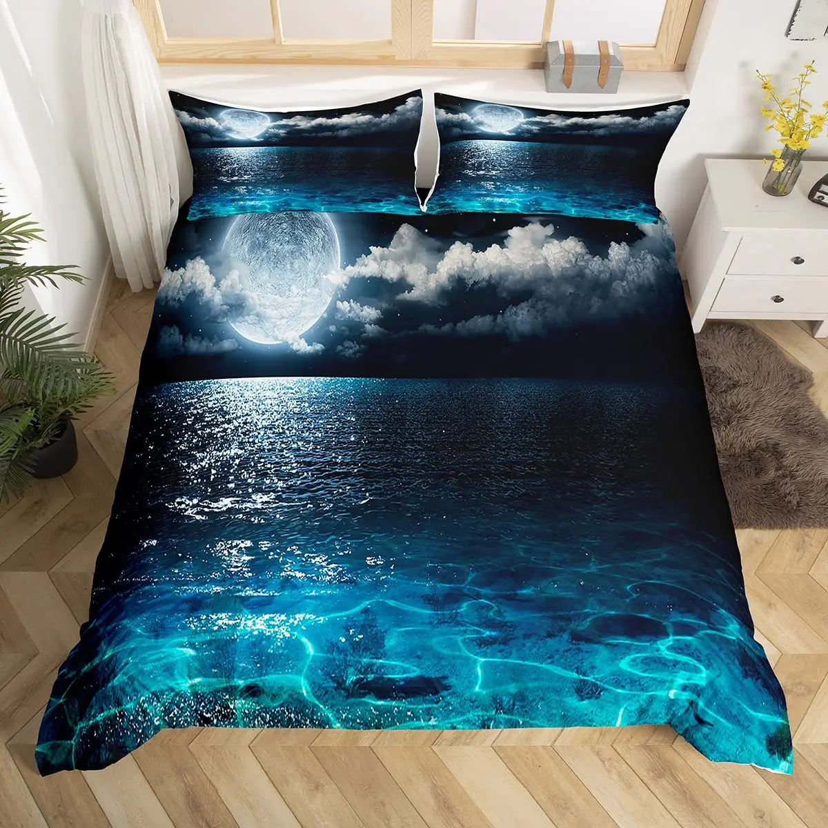Deep Ocean Duvet Cover,Seawater Bright Moon At Sea Starry Night Sky Galaxy Summer Hawaiian Holiday Comforter Cover,Bedding Set