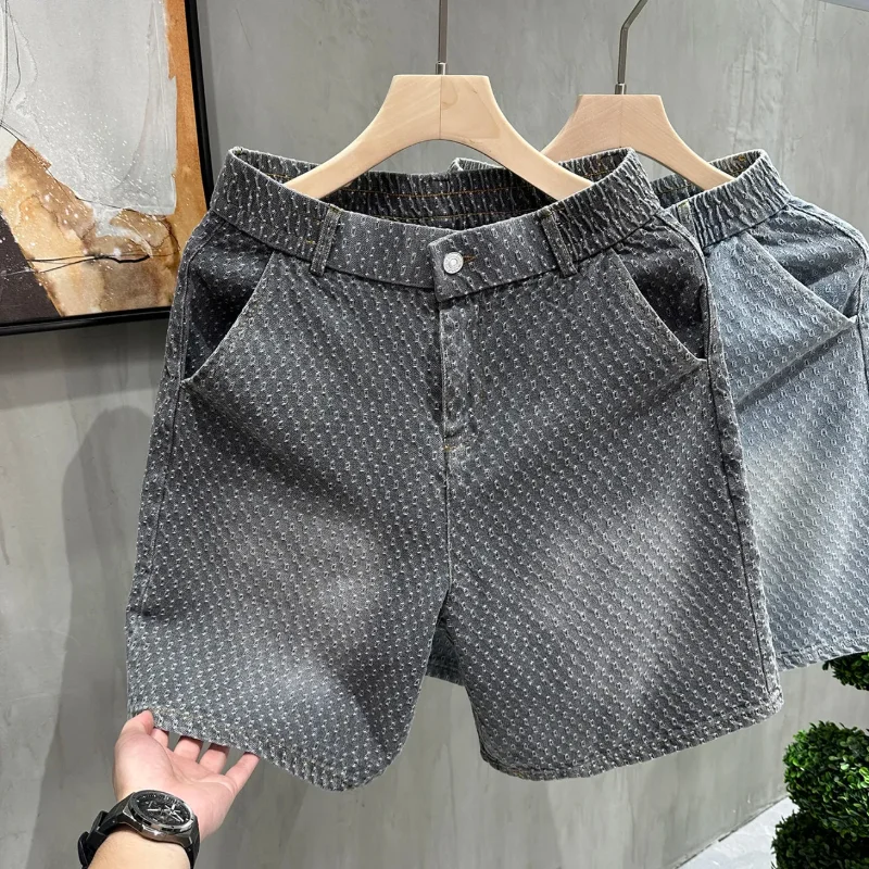 Retro Jacquard Washed Denim Shorts Men's Summer American Vibe Casual Straight Loose Five-Minute Pants