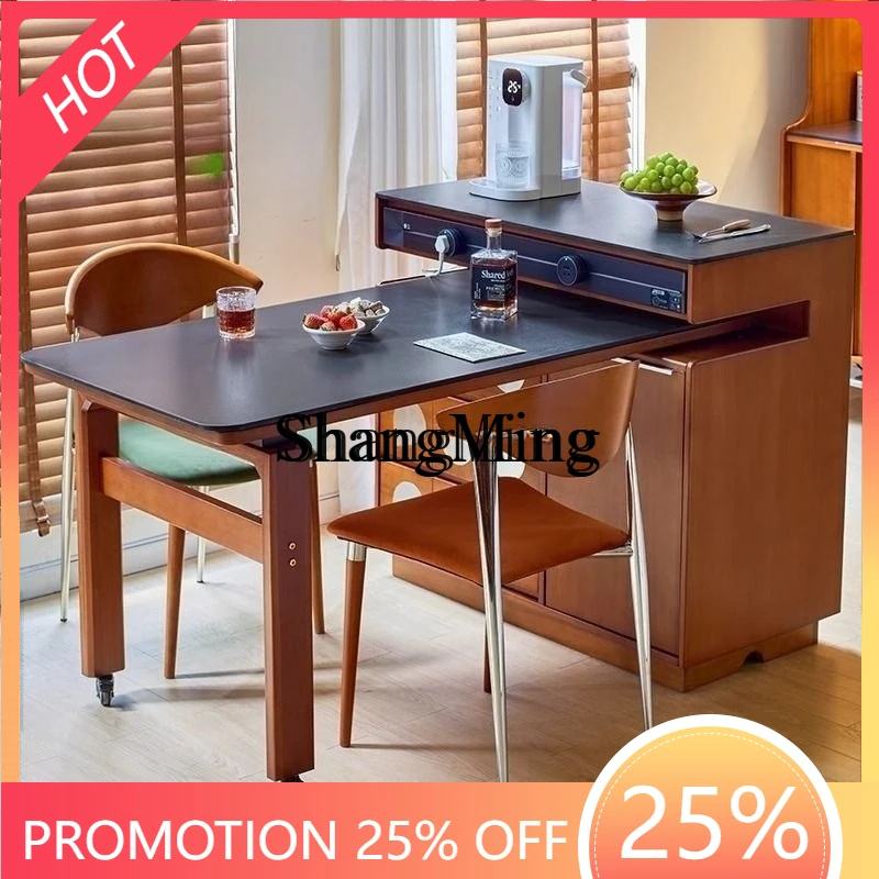 

CL wood rock slab small apartment dining table integrated household rotary telescopic multi-functional simple log bar