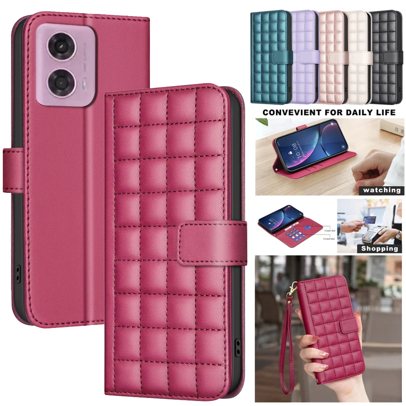 

3D Checkered Pattern Wallet Bag Leather Case For Motorola MOTO G04S G24 G04 G14 G54 G34 G84 5G MotoG14 Cases Magnetic Flip Cover
