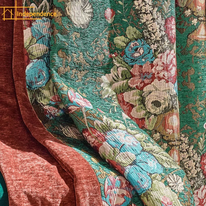 European Chenier Green Jacquard Gold Splicing Chenier Curtains for Living Room Bedroom Partition Curtain Customization Valance
