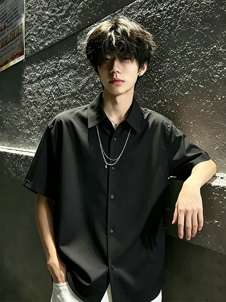 American Style Men's Short Sleeve Shirt Summer Deconstructed Patchwork Necklace Half Sleeve High-End Casual Fashion Shirt