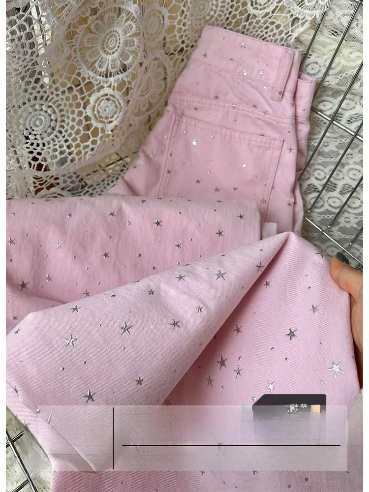 

Женские джинсы свободного кроя в корейском стиле, розовые, с эффектом термотрансфера, осенне-зимние, широкие штанины, длиной в пол