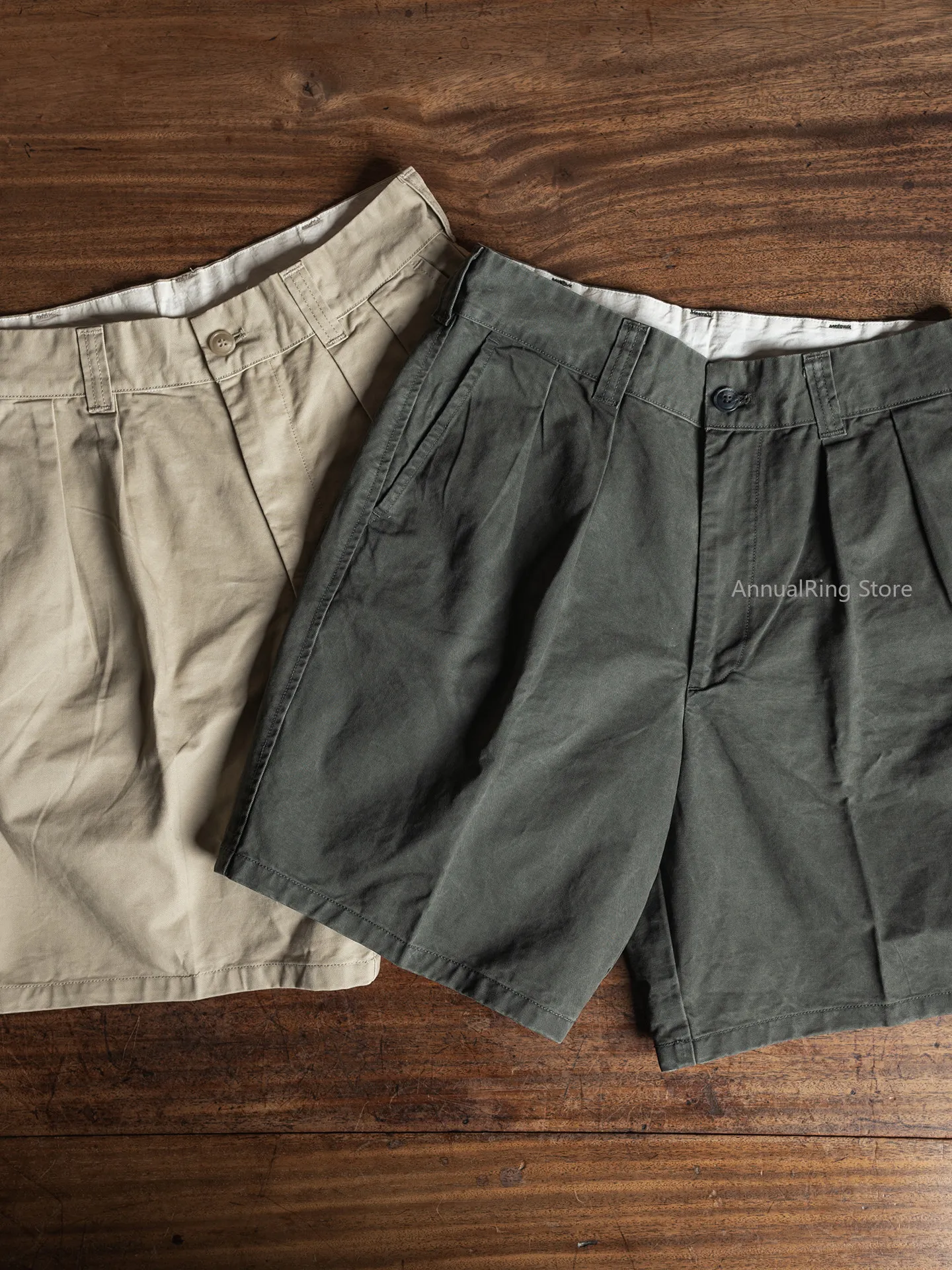 Non Stock Men's Retro Double Pleated Chino Shorts Cotton Twill Relaxed Fit Knee Length Cargo Shorts