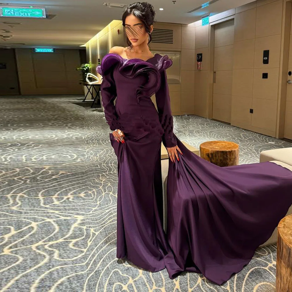 Вечерние платья с открытыми плечами и оборками по индивидуальному заказу, 2025 год, вечернее платье русалки с накидкой и съемным шлейфом, фиолетовое атласное платье