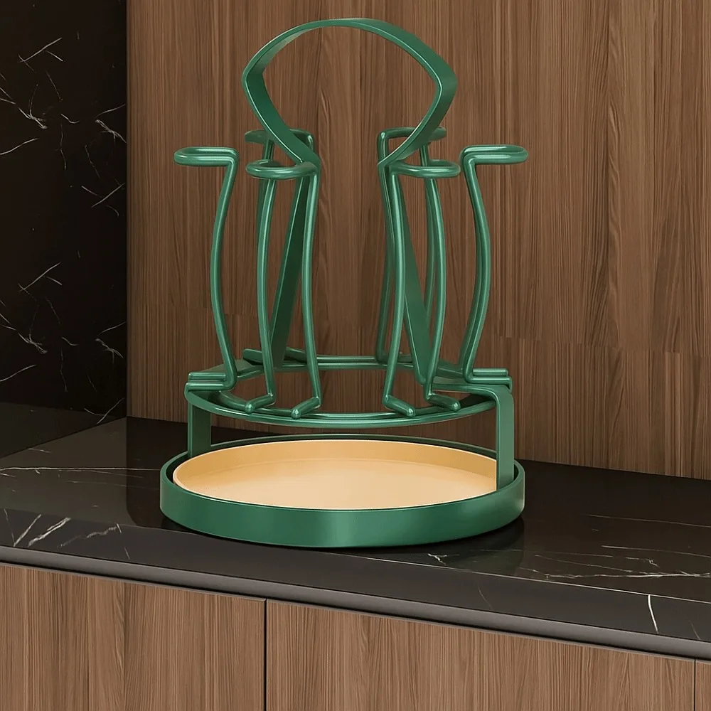 

360° Rotation Cup Drain Rack 6 Hooks Large Capacity Cup Drying Rack with Water Drain Tray Space-saving Glass Holder Home Kitchen
