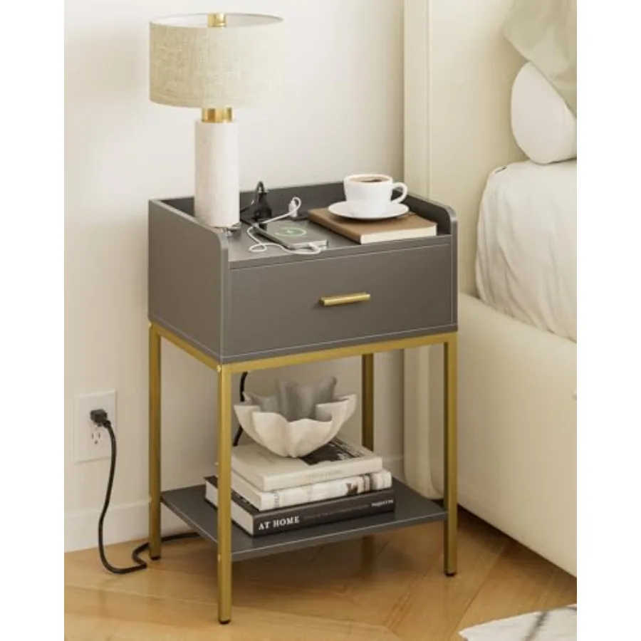 Nightstand with Charging Station 3-Tier Modern Bedside Night Stand with Storage Drawer and Shelf Small End Side Table for Bedro