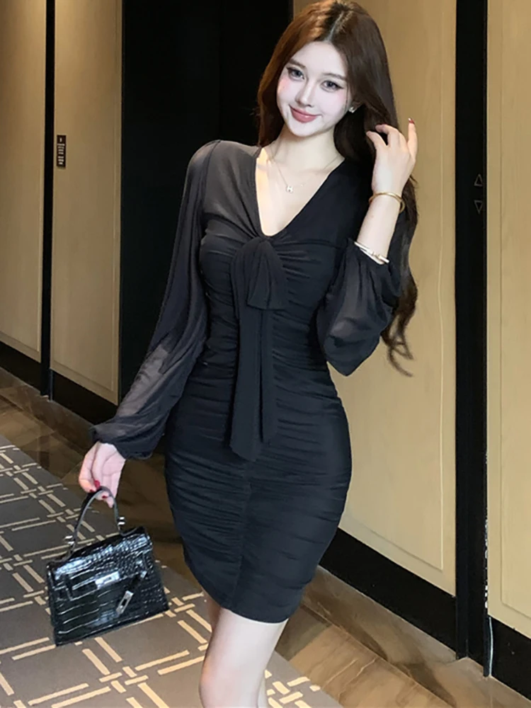 2025 Zwarte Mesh Geplooide Bodycon Mini Jurk Vrouwen Elegante Chic Boog V-hals Jurk Herfst Winter Koreaanse Vintage Luxe Avondjurk