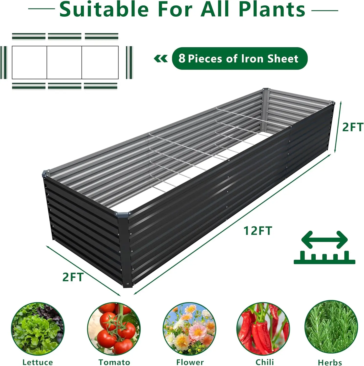 Galvanized Steel Raised Garden Bed Kit for Outdoor Patio, 12x2x2ft Large Rectangular Metal Planter Box, Deep Root Planter for Vegetables, Flowers, Herbs - Black