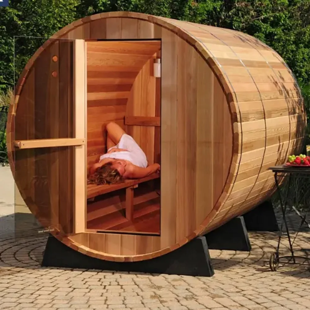 Outdoor SaunaWholesale Outdoor 4-6 Person Canada Hemlock Sauna Dry Wet Steam Barrel Sauna view 6