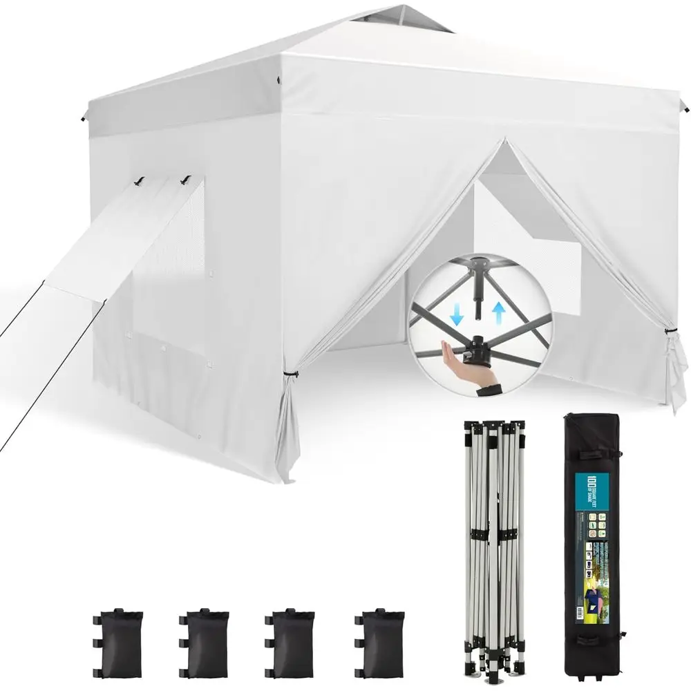 

10x10 Push-Up Canopy with 4 Sidewalls, Heavy Duty Outdoor Shelter, UV50+ Protection, Sandbags, Stakes & Guy Ropes Included
