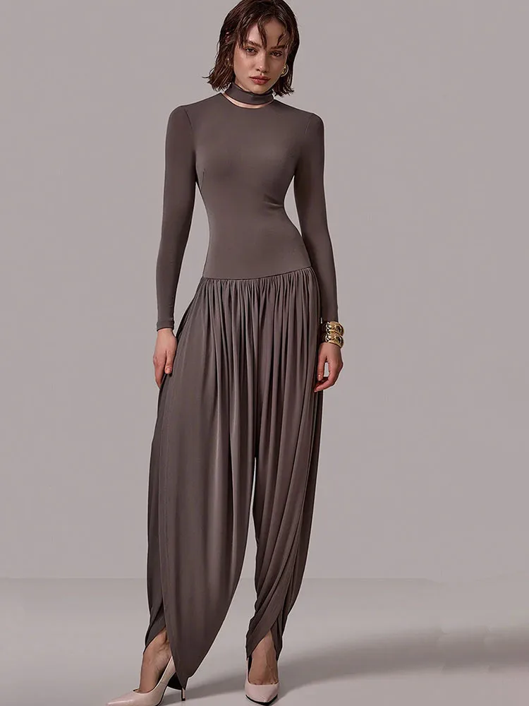JULISSA MO Rollkragen Langarm Geraffte Frauen Overall Kaffee Patchwork Breite Bein Hohe Taille Herbst Lose Elegante Party Clubwear