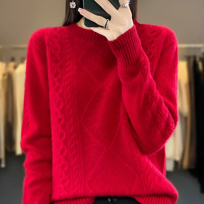 Fall/Winter 2024 New Women's% Merino Wool Sweater Crewneck Knitted Pullover Stereoscopic Twisted Long Sleeve