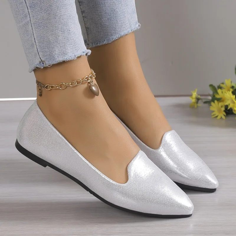 Spitze Zehen metallische flache Damen wohnungen leichte prägnante Slipper Sepatu Slip auf Wanita leichte tägliche Arbeit Balletts chuhe 36-43