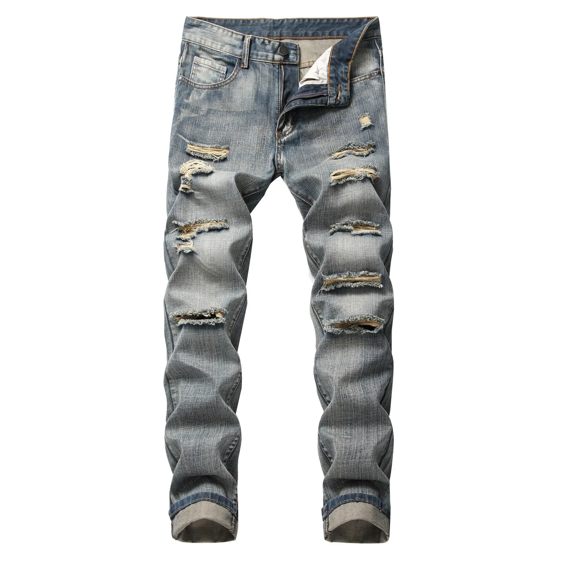 New Style North American Fashionable Men's Ripped Jeans, High Street, Straight Tube, Slim-fit, Buttoned, Non-stretch Long-length