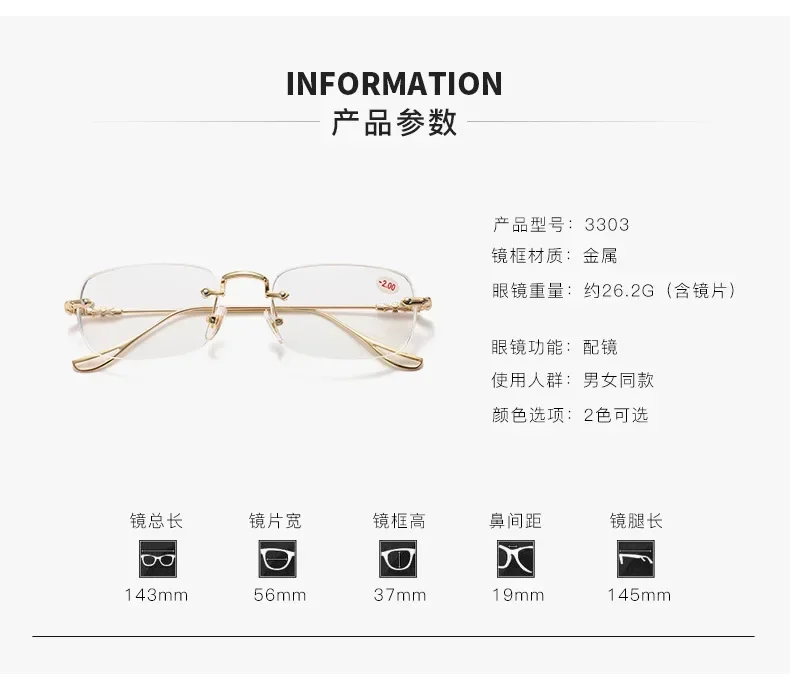 Luxus Diamant Cut Lesebrille Frauen Randlose Anti Blau Licht Brillen Damen Plus Rezept Brillen Dioptrien 0 Bis + 4,0 – Detail 5