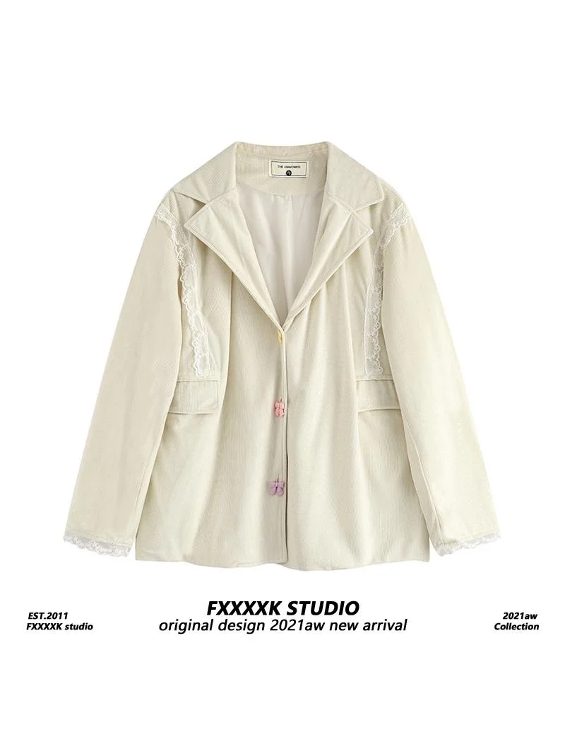 

Original Sweet Lace Splicing Suit Jaet Loose Lazy Design Sensation Sle Open Cardigan Autumn New Arrival Men's Ethni...