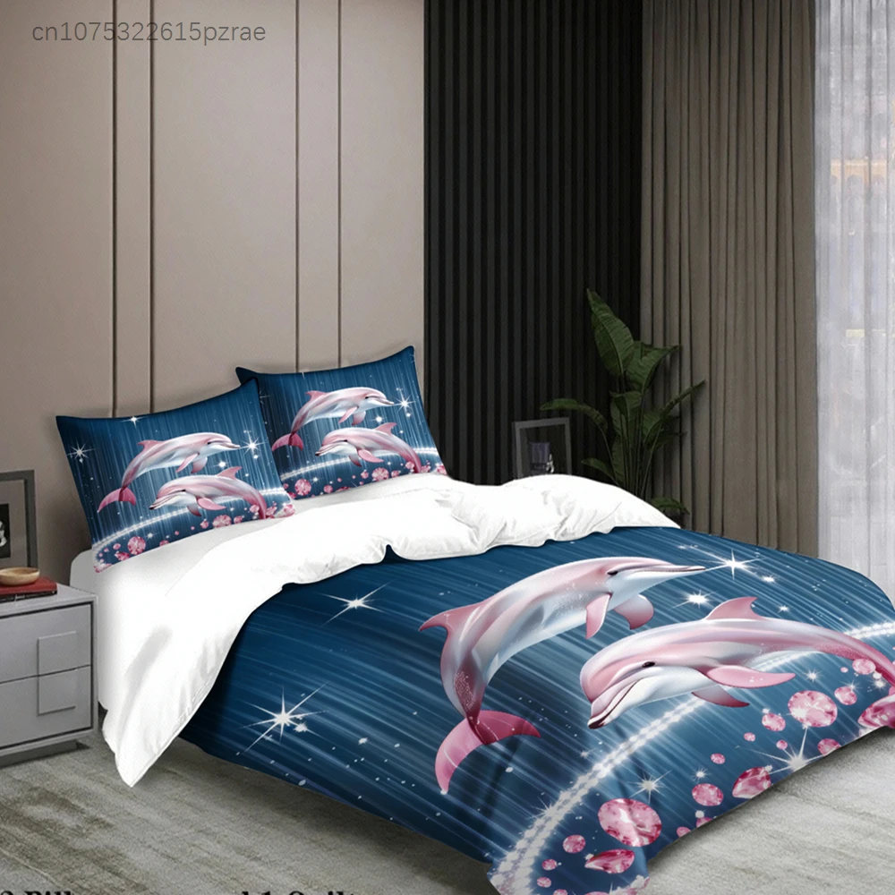 Dolphin Print Bedding Set Blue Ocean With Sparkles And Pink Dolphins With Duvet Cover & Pillowcases For Bedroom Decor