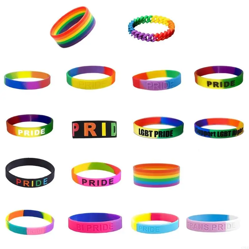 Texto do Pride C9GE Pride Multicolor Silicone Wrist Fand Rainbow Chain Link Rubber Wristlet