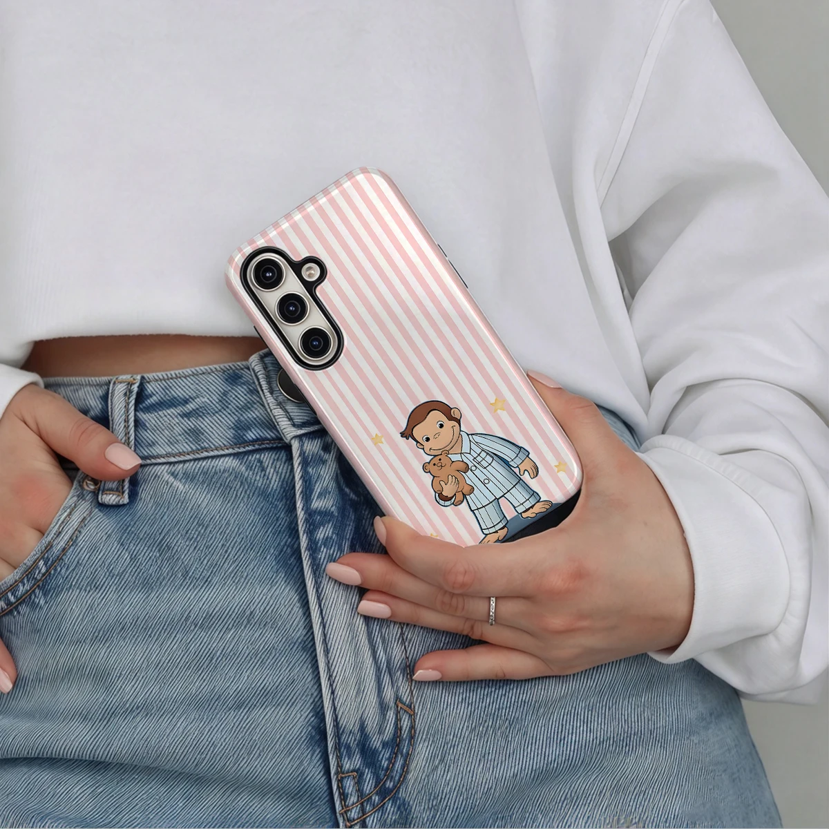 Pink Stripes Monkey Teddy Phone Case For Samsung Galaxy S26 S25 Ultra S24 S23 Plus Hard Shock‑Absorption 2-in-1Protective Cover
