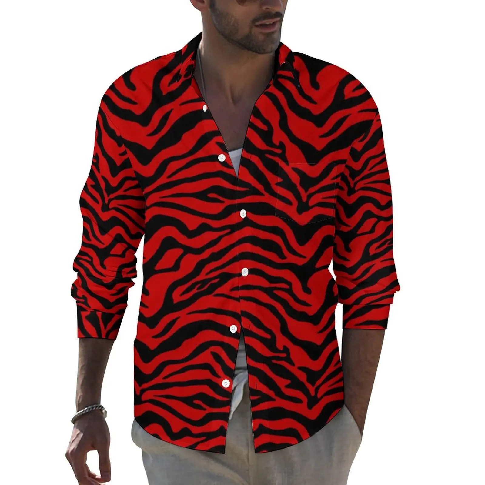 

Zebra Print Street Casual Shirt Men Black and Red Stripes Shirt Autumn Novelty Blouses Long Sleeve Custom Oversized Tops