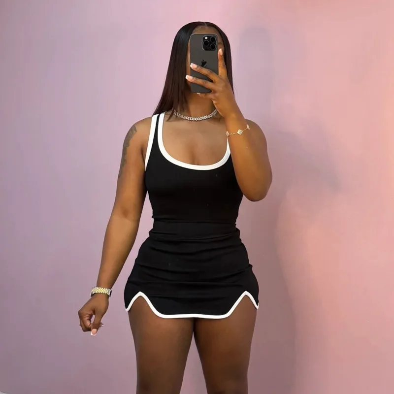 

Женский тонкий комплект из 2 предметов, цветные лоскутные спортивные костюмы, модные укороченные топы на бретелях + облегающие мини-юбки с разрезами, повседневная уличная одежда Y2K