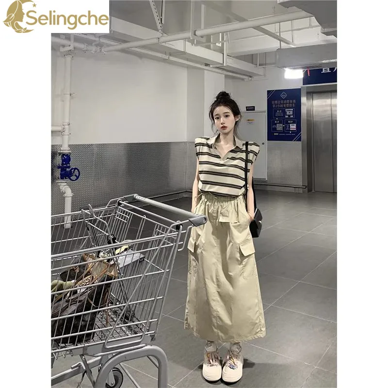 Spring/Summer Fashion Set Korean Polo Neck Striped T-shirt Top Mid Length High Waist Slim Skirt Two Piece Set