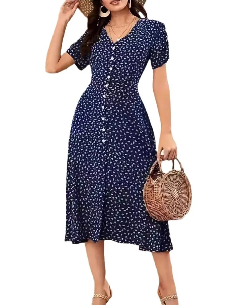 Robe midi plissée à volants pour femmes, grande taille, col en v, imprimé floral, mode dames, manches courtes, été