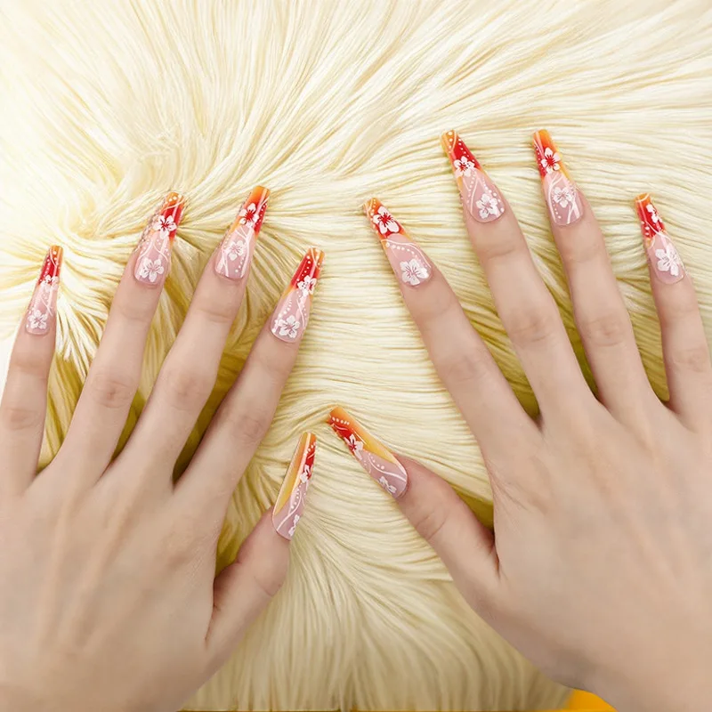 24 pçs flor imprensa em unhas gradiente laranja unhas falsas com cola outono e inverno extra longo artificial francês barato unhas