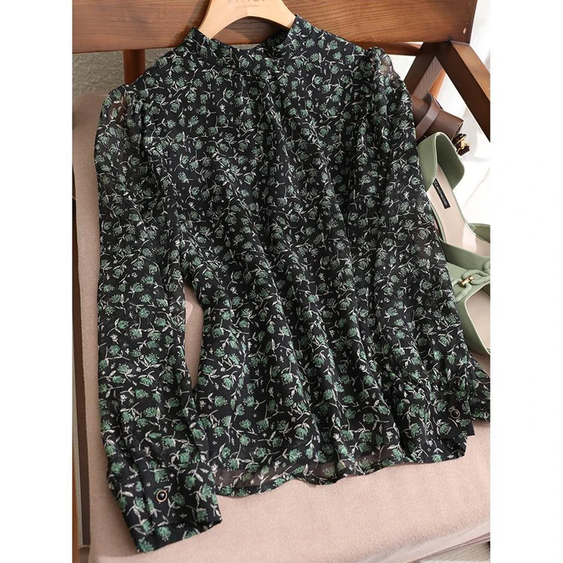 Women Clothes Hollow Printed Elegant Stand Collar Blouses Spring Autumn Fashion Long Sleeve Loose Shirts Chic Chiffon Tops Blusa