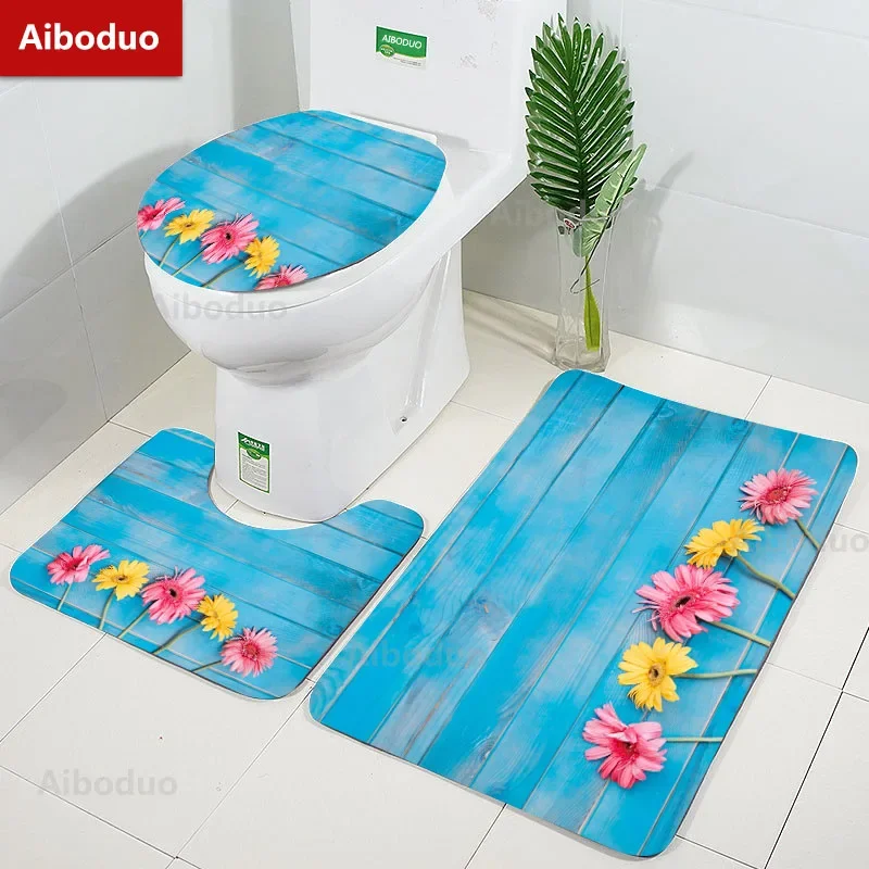 Flowers Landscape Wood Texture Bathroom 3Pcs/set Mats Home Flannel Decorations Accessories Floor Rug Toilet Cover 40*60/50*80 CM