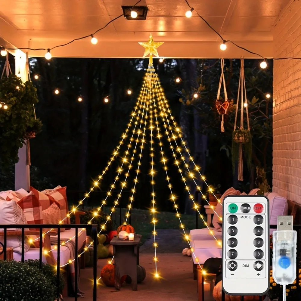 Christmas Tree Waterfall String Lights with Star Topper, USB Powered Fairy Lights with 8 Modes, for Indoor Outdoor Holiday Decor