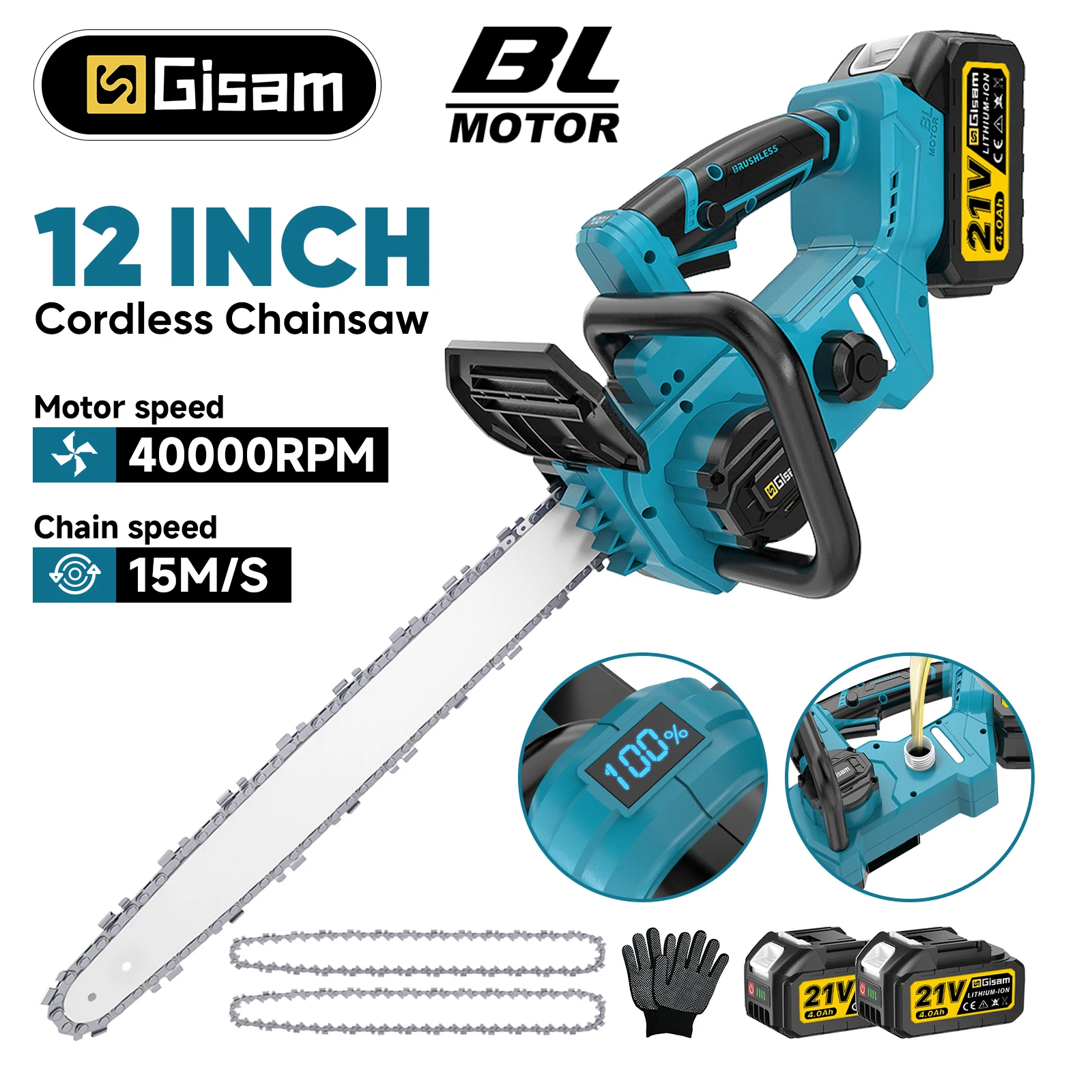 Gisam Bürstenlose 12-Zoll Elektrische Kettensäge für Holzarbeiten, Kabellose Kettensäge für Gartenarbeiten, Schneiden und Beschneiden, Elektrowerkzeug für Makita-Akku.
