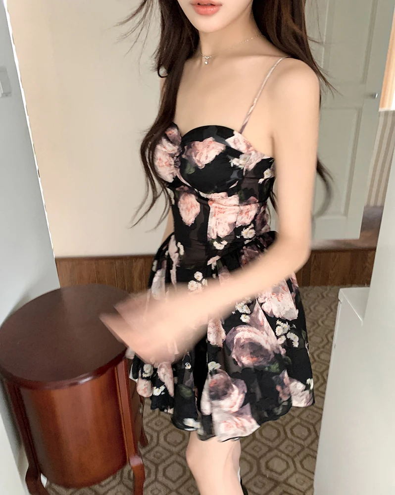 2024 Spring and summer new atmosphere dizzy dye color U-neck suspender mini dress female floral skirt