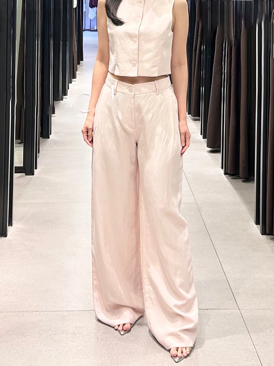 

Solid Pleated Wide Leg Pant Set Women Single Breasted O-neck Sleeveless Split Vest Summer New Simple Casual Fashion 2 Piece Sets