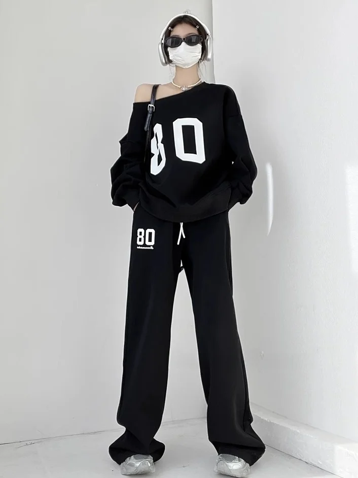 

Модный корейский комплект спортивной одежды с высокой талией, свободный свитшот Lazy Sle и длинные брюки, женский повседневный наряд из двух предметов