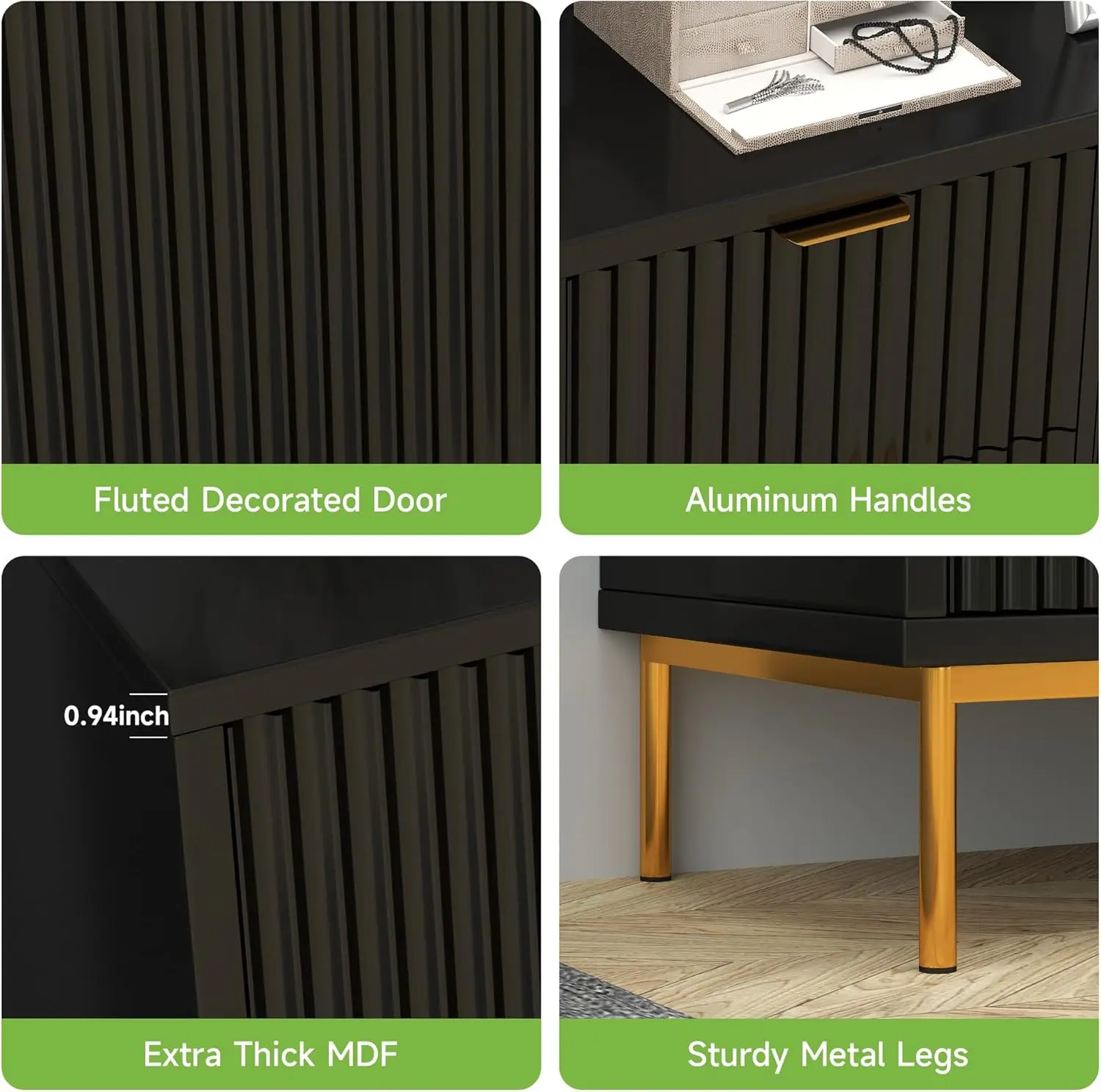 Fluted Sideboard Cabinet, Modern Black Buffet with 2 Drawers for Kitchen, Living or Dining Room