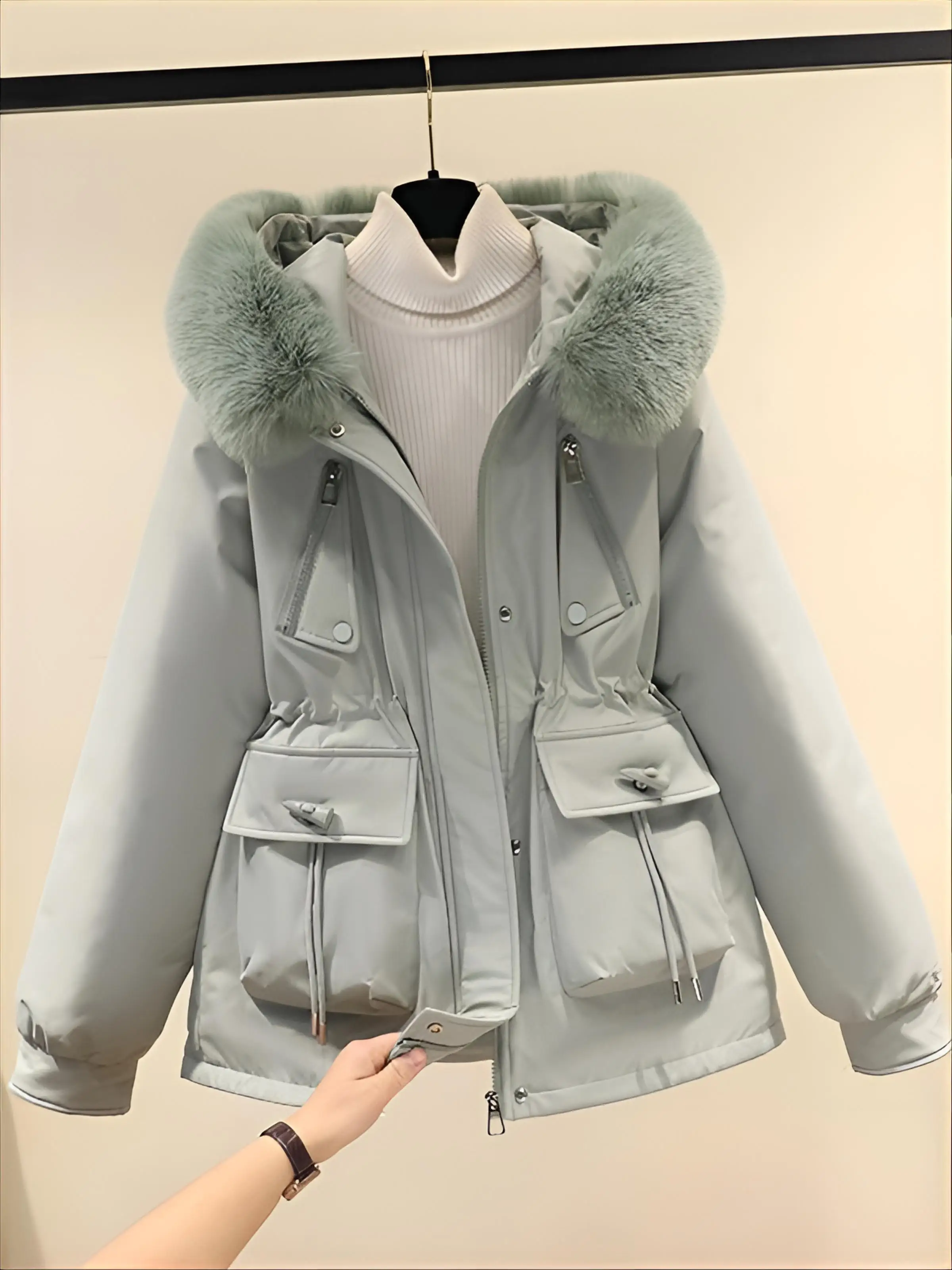 

Parkas Woman Bubble Womens Winter Comfortable Bodycon Liner Mid-Coat Ruffled Stitching Cinched Warm Retro-Style Matte Coating OL