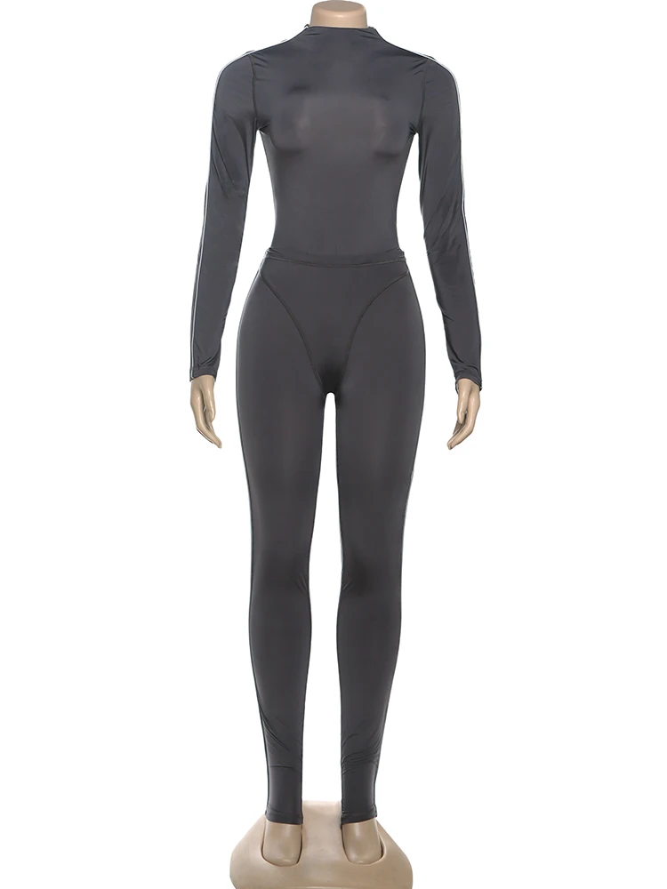 Nibber linha decoração conjunto de 2 peças feminino o-pescoço manga cheia bodysuits + calças de cintura elástica suave ver através do terno esportivo fino